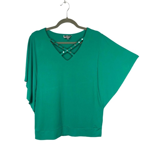JM Collection Tops - JM Collection Women’s Top Banded Criss Cross Neck Batman Sleeves Pull Over